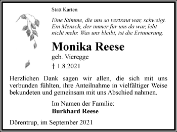 Anzeige  Monika Reese  Lippische Landes-Zeitung