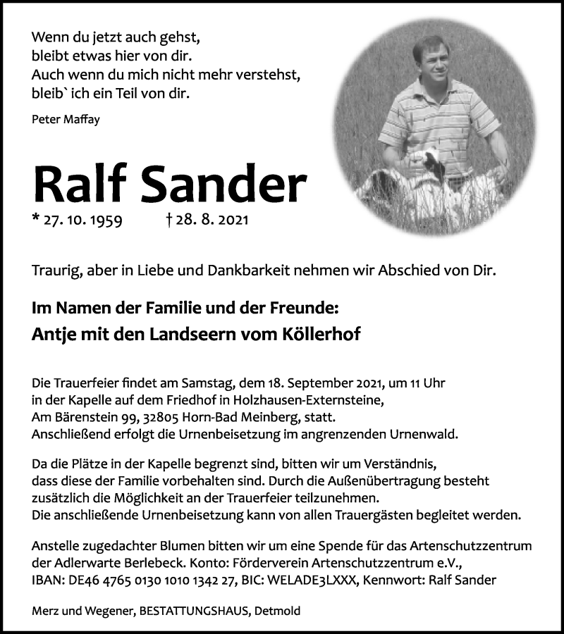  Traueranzeige für Ralf Sander vom 04.09.2021 aus Lippische Landes-Zeitung
