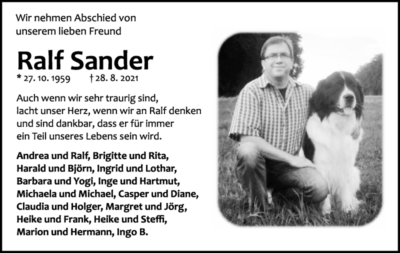  Traueranzeige für Ralf Sander vom 04.09.2021 aus Lippische Landes-Zeitung