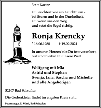 Anzeige  Ronja Krencky  Lippische Landes-Zeitung