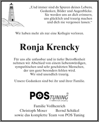 Anzeige  Ronja Krencky  Lippische Landes-Zeitung