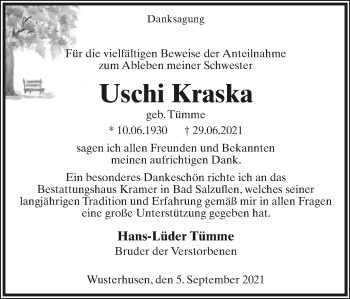 Anzeige  Uschi Kraska  Lippische Landes-Zeitung