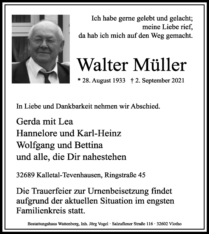  Traueranzeige für Walter Müller vom 11.09.2021 aus Lippische Landes-Zeitung