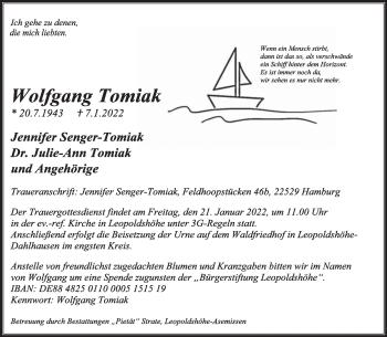 Anzeige  Wolfgang Tomiak   Lippische Landes-Zeitung