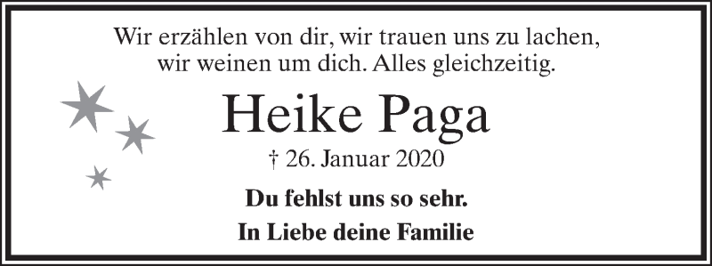  Traueranzeige für Heike Paga vom 26.01.2022 aus Lippische Landes-Zeitung