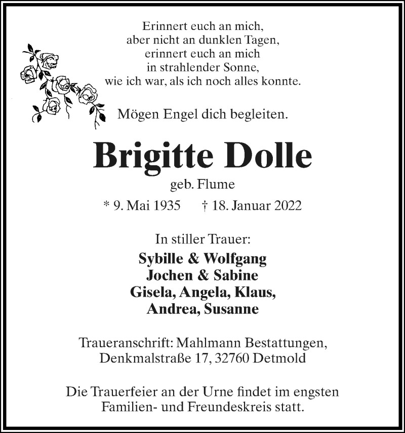  Traueranzeige für Brigitte Dolle vom 22.01.2022 aus Lippische Landes-Zeitung
