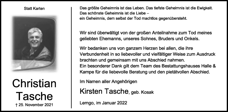  Traueranzeige für Christian Tasche vom 15.01.2022 aus Lippische Landes-Zeitung