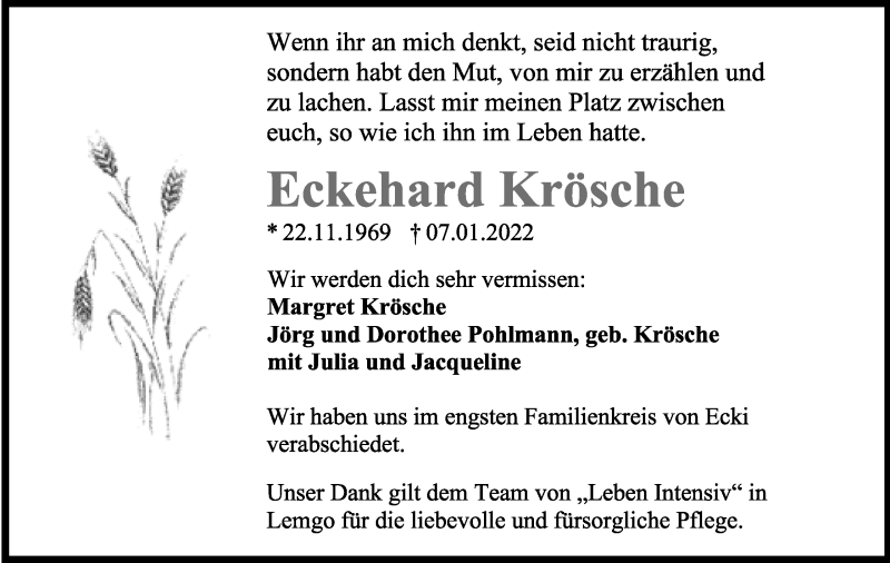  Traueranzeige für Eckehard Krösche vom 15.01.2022 aus Lippische Landes-Zeitung
