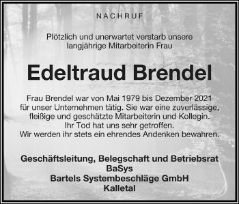 Anzeige  Edeltraud Brendel  Lippische Landes-Zeitung