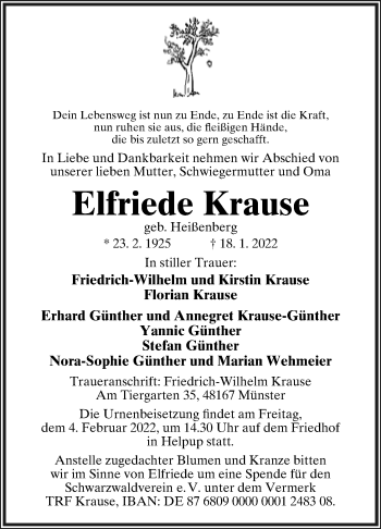 Anzeige  Elfriede Krause  Lippische Landes-Zeitung