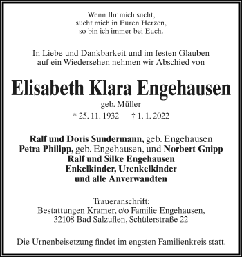 Anzeige  Elisabeth Klara Engehausen  Lippische Landes-Zeitung