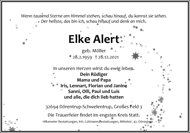  Traueranzeige für Elke Alert vom 08.01.2022 aus Lippische Landes-Zeitung