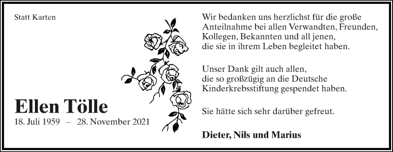  Traueranzeige für Ellen Tölle vom 29.01.2022 aus Lippische Landes-Zeitung