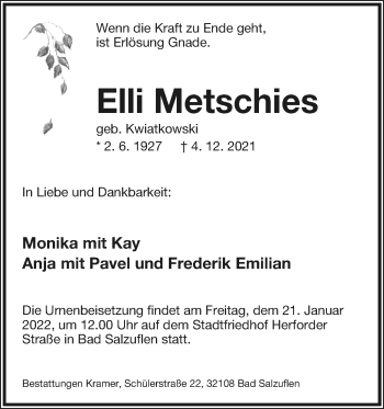 Anzeige  Elli Metschies  Lippische Landes-Zeitung