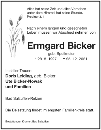 Anzeige  Ermgard Bicker  Lippische Landes-Zeitung