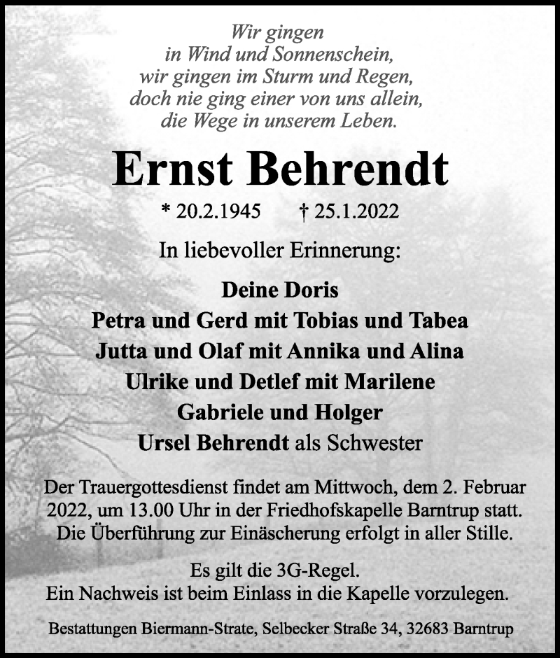  Traueranzeige für Ernst Behrendt vom 29.01.2022 aus Lippische Landes-Zeitung