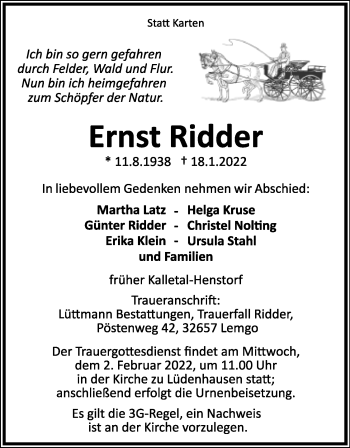 Anzeige  Ernst Ridder  Lippische Landes-Zeitung