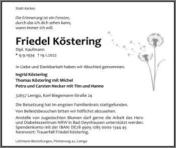 Anzeige  Friedel Köstering  Lippische Landes-Zeitung