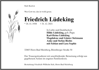 Anzeige  Friedrich Lüdeking  Lippische Landes-Zeitung