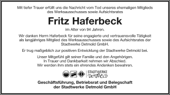 Anzeige  Fritz Haferbeck  Lippische Landes-Zeitung
