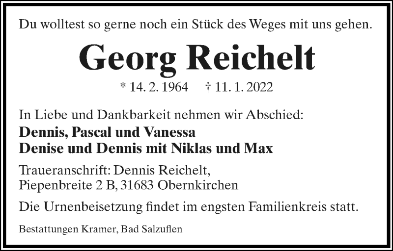  Traueranzeige für Georg Reichelt vom 22.01.2022 aus Lippische Landes-Zeitung