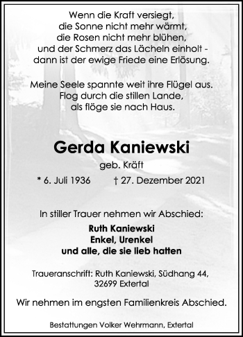 Anzeige  Gerda Kaniewski  Lippische Landes-Zeitung