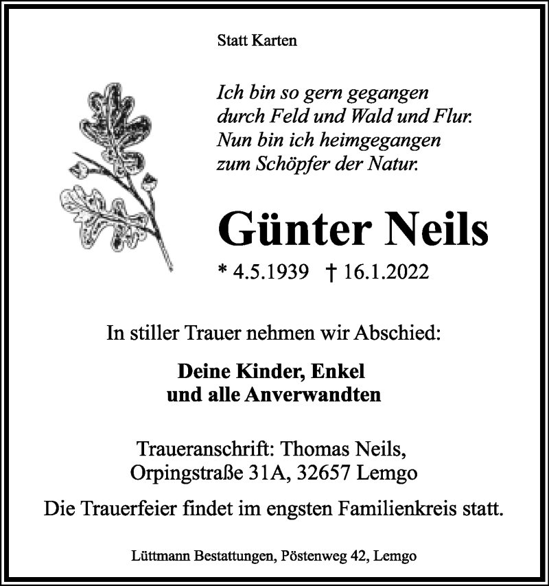  Traueranzeige für Günter Neils vom 22.01.2022 aus Lippische Landes-Zeitung