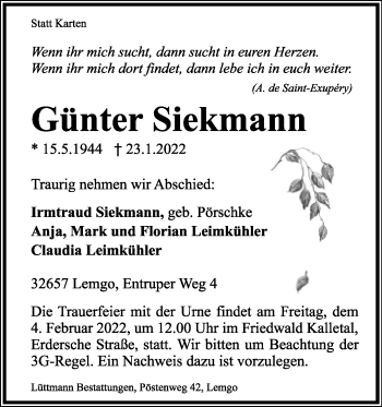 Anzeige  Günter Siekmann  Lippische Landes-Zeitung