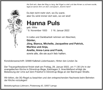 Anzeige  Hanna Puls  Lippische Landes-Zeitung