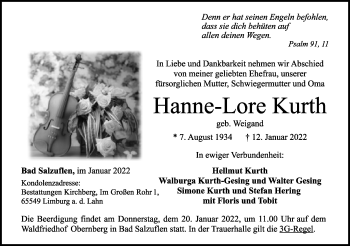 Anzeige  Hanne-Lore Kurth  Lippische Landes-Zeitung