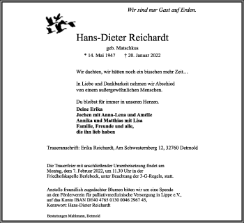 Anzeige  Hans-Dieter Reichardt  Lippische Landes-Zeitung