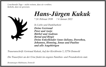 Anzeige  Hans-Jürgen Kukuk  Lippische Landes-Zeitung