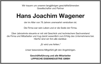 Anzeige  Hans Joachim Wagener  Lippische Landes-Zeitung