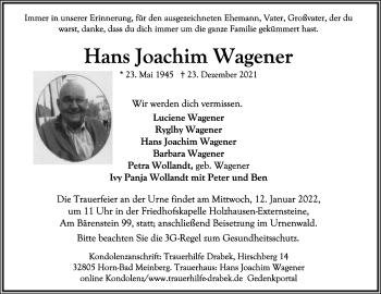 Anzeige  Hans Joachim Wagener  Lippische Landes-Zeitung
