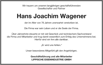 Anzeige  Hans Joachim Wagener  Lippische Landes-Zeitung