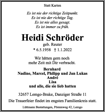 Anzeige  Heidi Schröder  Lippische Landes-Zeitung