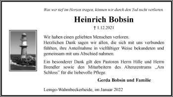 Anzeige  Heinrich Bobsin  Lippische Landes-Zeitung