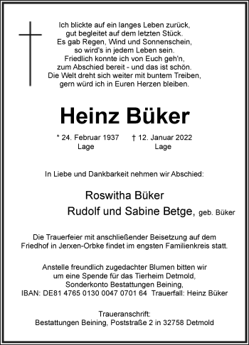 Anzeige  Heinz Büker  Lippische Landes-Zeitung