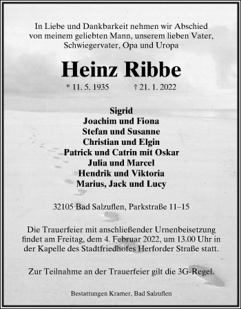 Anzeige  Heinz Ribbe  Lippische Landes-Zeitung