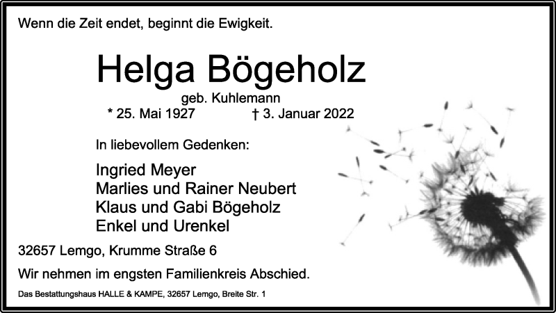  Traueranzeige für Helga Bögeholz vom 08.01.2022 aus Lippische Landes-Zeitung