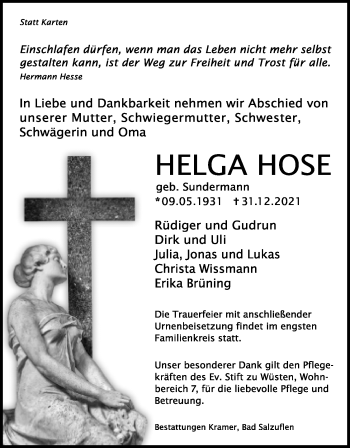 Anzeige  Helga Hose  Lippische Landes-Zeitung