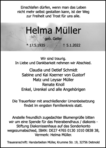 Anzeige  Helma Müller  Lippische Landes-Zeitung