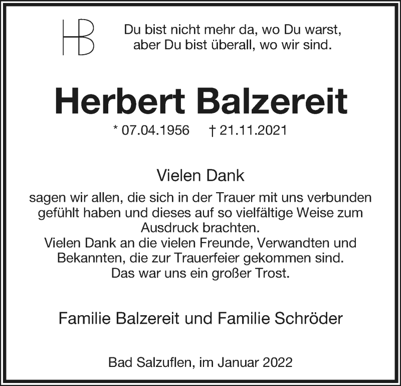  Traueranzeige für Herbert Balzereit vom 15.01.2022 aus Lippische Landes-Zeitung