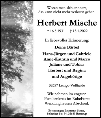 Anzeige  Herbert Mische  Lippische Landes-Zeitung