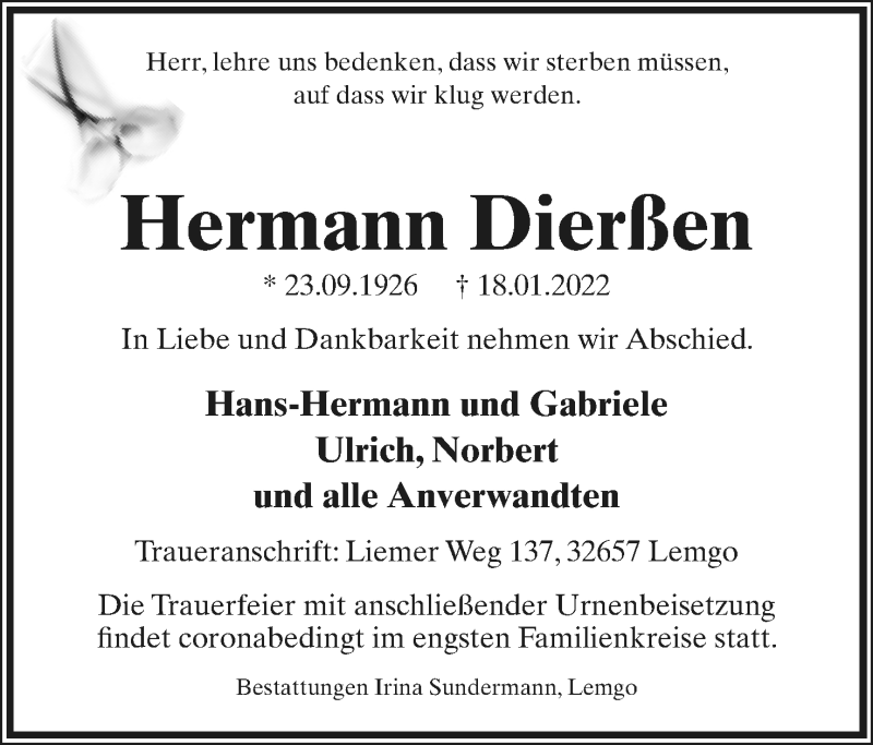  Traueranzeige für Hermann Dierßen vom 22.01.2022 aus Lippische Landes-Zeitung