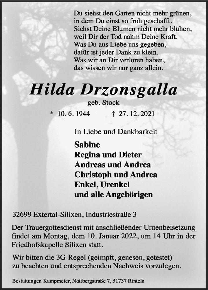  Traueranzeige für Hilda Drzonsgalla vom 05.01.2022 aus Lippische Landes-Zeitung