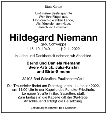 Anzeige  Hildegard Niemann  Lippische Landes-Zeitung