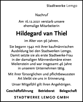 Anzeige  Hildegard van Thiel  Lippische Landes-Zeitung