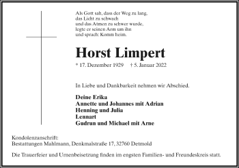 Anzeige  Horst Limpert  Lippische Landes-Zeitung