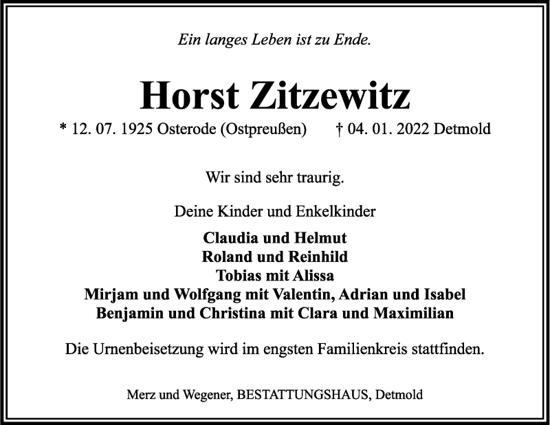  Traueranzeige für Horst Zitzewitz vom 15.01.2022 aus Lippische Landes-Zeitung